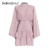 Chiffon Dress For Women Ditsy Floral Colorblock Slim Stand Collar Puff Long Sleeve A Line Dresses Female 2022