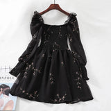 2023 Womens Sexy Black Dress Vintage Flower Long Puff Sleeve Chiffon Dresses Korean Casual Mini Vestidos Mujer