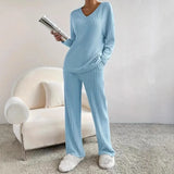 Sets Of Women 2025 Autumn New Fashion Casual Straight Pants Temperament Loose V Collar Pit Knitting