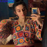 Crochet Jacket Sweater Colorful Handmade Floral Knitted Hollow Out Women Jackets Outwear Hippie Ladies Female