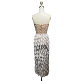 Gorgeous Feather Water Drill Nails Beads Sexy Perspective High Open Fork T-Breast Dress Birthday Party Party