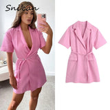 Blazer Dress Short Sleeve Turn Down Collar Fashion Office Ladies Shirt Dress With Sashes Za 2021 Women Robe Chemise