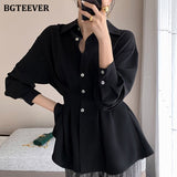 Stylish Chic Turn-down Collar Women Chiffon Shirts Elegant Single-breasted Slim Waist Female Solid Blouses Tops