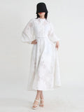 Elegant Solid Dresses For Women Stand Collar Long Sleeve Single Breasted High Waist Tunic Embroidery Dress Female