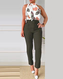 Print Tank Top & High Waist Pants Set With Belt Women Flower Two Piece Set Halter Bow Crop Top Harem Trousers Summer-Outfit
