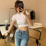 Cotton Shoulder Short-Sleeved T-Shirt Women's Ins Tide Brand Round Collar Folded And Bottomed T-Shirt Slim To Show A Thin White Blouse-Outfit
