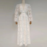Elegant White Dress For Women V Neck Lantern Sleeve High Waist Cut Out Solid Midi Dresses Female Spring Clothes