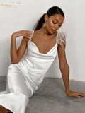 Women Sexy Strap Satin White Dress Summer Sleeveless Backless Feather Midi Dress Lady Elegant Slim Solid Party