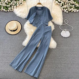 Vintage Women Three Pieces Set Elegant V-Neck Short Blouse + Strap Camis + Wide Leg Pants Suit Green/Red/Yellow Spring Fall