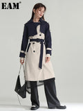 Women Apricot Color-block Big Size Trench New Lapel Long Sleeve Loose Windbreaker Fashion Tide Spring Autumn 2023