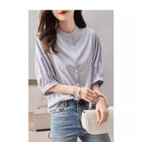 Summer New Five-Sleeve Casual Temperament Striped Shirt Women Short Sleeve Loose Thin Round Collar