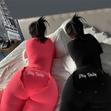 V-neck Buttons Sexy Rompers Women Long Sleeve Jumpsuits Autumn Letter Embroidery Sleepwear Back Flap Streetwear-Outfit