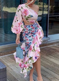 Pink Formal Floral One Shoulder Top and Irregular Skirt Two Piece