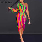 Women Solid Elegant Diagonal Collar One Shoulder with Belts Midi Sexy Silt Party Dresses-Outfit