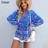 Boho Floral Print Holiday Women Shirt Tops Lace-up V-Neck Lantern Sleeve Loose Vestidos Vintage Casual Spring