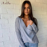 2019 Autumn Criss Cross Knitted Sweaters Casual Solid Loose Pullover Women V-Neck Batwing Sleeve Pullovers Top