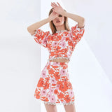 TWOTWINSTYLE Lace Print Floral Two Piece Set For Women Puff Sleeve Tops High Waist Skirts Elegant Sexy Sets 2022 Women