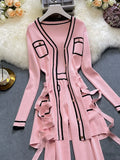 And Winter Long-Sleeve Knit Suits Lace-Up Waist Mid-Length V-Neck Cardigan + Wide-Leg Pants Two-Piece Outfits