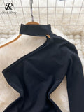 Halter Off Should Sexy Jumpsuits Long Sleeve Hollow Out Elastic Waist 2022 Female Slim Solid Autumn Short