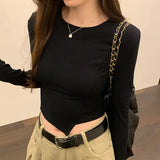 Feeling Round Collar Solid Color Fishbone Blouse Women's Autumn New Style Long Sleeves Waist Short Style Bottom Shirt Trend-Outfit