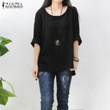 ZANZEA Retro Womens O Neck Long Sleeve Split Baggy Cotton Solid Casual Loose Solid Tops Shirt Party Blouse