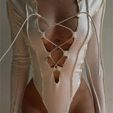 Lace Up Bandage Sexy Bodysuit for Women Overalls Fashion Outfit Long Sleeve Skinny Tops One Piece Bodysuit