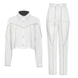 White Patchwork Casual Two Piece Set For Women Lapel Long Sleeve Coat Full Length Pants Female Solid Suits 2022