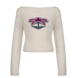 Spice Girl U-Collar Slim And Thin Woolen T-Shirt 2023 Autumn New Lovely Coconut Pattern Sweater-Outfit
