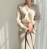 Women Autumn Winter V-Neck Hemp Pattern Knitted Sweater Top + High Waist Elegant Skirt 2 Piece Set Slim Casual Dress