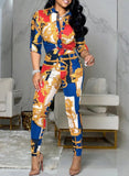 Classic Print Retro Knotted Blouse and Pants