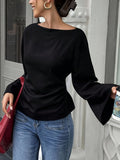 New Solid-Color Fashion Casual Ride-In Boat Collar Personalized Street Horn Long-Sleeved Top