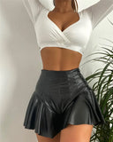 2023 Women Sexy PU Lether Shorts Skirts High Waist Soild Color Shorts Party Clubwear Summer Fashion A-Line Mini Skirt-Outfit