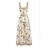Summer Dress For Women Square Collar Sleeveless High Waist Cut Out Print Colorblock Midi Dresses Female Summer
