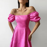 Women's New Temperament Square Collar Short Sleeve High Waist Thin Dress