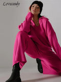 Women's Trousers Suit 2022 Winter Loose Solid Polo Neck Two Piece Set Casual Long Sleeve Knitwear+Wide Leg Pants