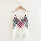 crocheted knitting tassels summer tops hollow out black white patchwork crop top beach backless tank top bohemian