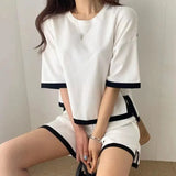 Style Women Tracksuit Knitted Suit 2022Summer Casual Loose Short Sleeve O-neck Pullover Tops+Fashion Shorts Two Piece
