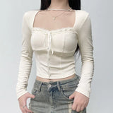 And Spicy Girl Neckline Lace-Up Long-Sleeved Blouse Women 2023 Pure Style Stylish Design Short Shoulder-Bottomed T-Shirt-Outfit