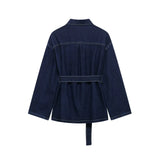 Retro Waist Strap With Belted Collared Denim Jacket Vintage Denim