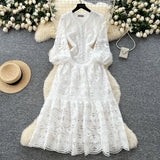 Fashion Dress Women 2025 Spring New French Waist Display Thin Hollow Hook Lace Leaves Side