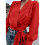 Casual Lantern Sleeve Blouses 2022 Fashion V Neck Short Wrap Shirts Celmia Elegant Bandage Pleated Street Tops