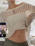 White Solid Hollow Out Knitted Blouses Women Fairycore Pullover Tops Long Sleeve Casual Sun Protection Beach Shirts