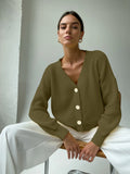 Casual V-neck Knitted Loose Cardigan Women Buttons Lantern Sleeve Sweaters Female Basic White Autumn Winter
