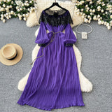 Retro Court Style Heavyweight Embroidered Long Hundred Folds Bubble Bubble Sleeve Dress Female 100