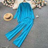 Winter Loose Irregular Knitted Two Pieces Suits V Neck Knitwear+Wide Leg Long Pant Women Streetwear Solid Sweater