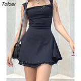 Sleeveless Black Goth Y2K Mini Dresses Two Layer Korean Fashion Square Collar Kawaii A Line Birthday Dress For