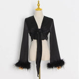 Solid Shirt For Women V Neck Long Sleeve Patchwork Feathers Sexy Belt Blouses Female Fashion Cloth Style New
