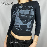 2021 O Neck Long Sleeve T Shirts 90s Women Print White Autumn Winter Crop Top Casual Sexy Vintage Fashion
