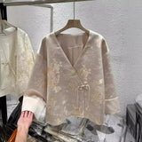 Chinese Style V-Collar Shirt Coat Inclined Door Flap Buckle Tang Dress Blouse Women's 2024 Spring Vintage Popular Shirt-Outfit