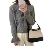 Spring And Autumn New Korean Solid Color Round Neck Bowknot Sweater Women's Fashion Soft Glutinous Warm Style Knitted Cardigan-Outfit
